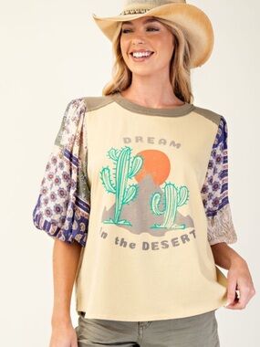 easel Beige 'Dream in the Desert' Graphic Tee with Mixed Pattern Puff Sleeves